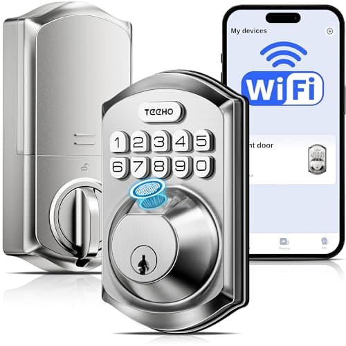 TEEHO TE012W WiFi Smart Lock, Fingerprint Door Lock with Built-in Wi-Fi, Keyless Entry Keypad Smart Deadbolt, App Remote Control, Alexa Compatible, IP55 Waterproof for Front Door – Satin Nickel