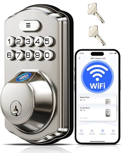 Veise VE012W Built-in WiFi Fingerprint Smart Lock, App Remote Control, Compatible with Alexa & Google Assistant, Keyless Entry for Front Door, Digital Keypad Deadbolt, Auto Lock, Satin Nickel