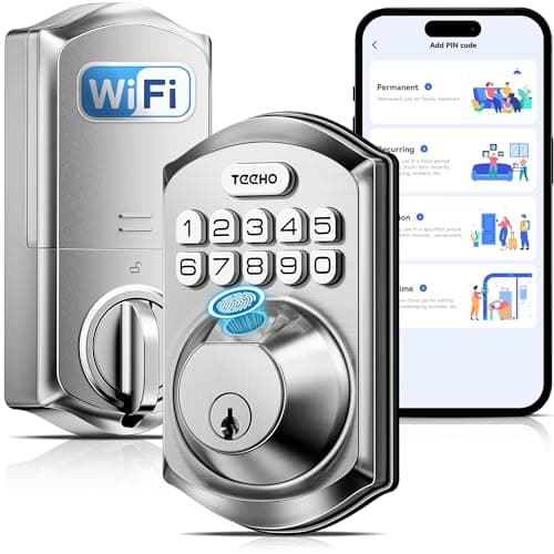 TEEHO TE012W WiFi Smart Lock, Fingerprint Door Lock with Built-in Wi-Fi, Keyless Entry Keypad Smart Deadbolt, App Remote Control, Alexa Compatible, IP55 Waterproof for Front Door โ Satin Nickel